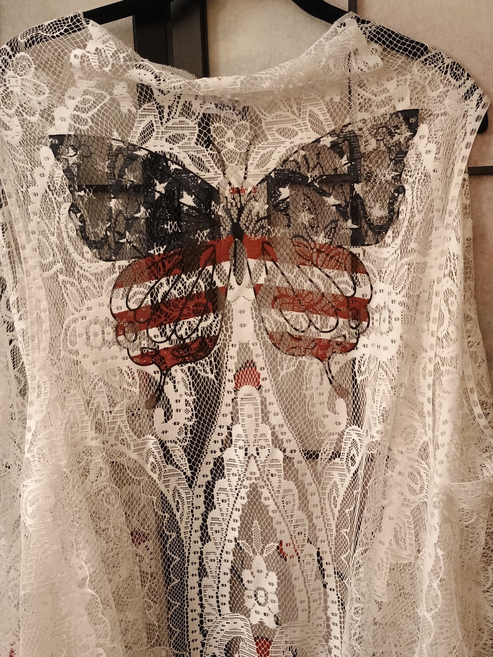 NWT White Lace Fringe Kimono Vest with Patriotic Butterfly Print - Picture 3 of 8